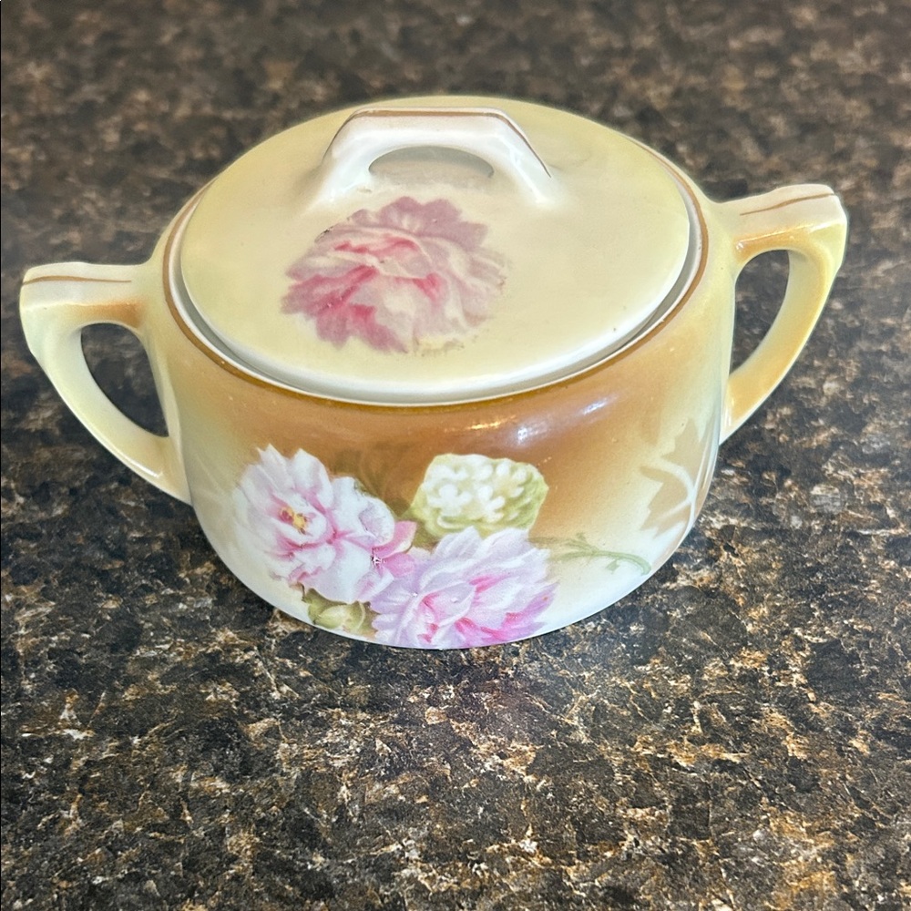 Hand-Painted Floral Porcelain Sugar Bowl in Cream and Pink